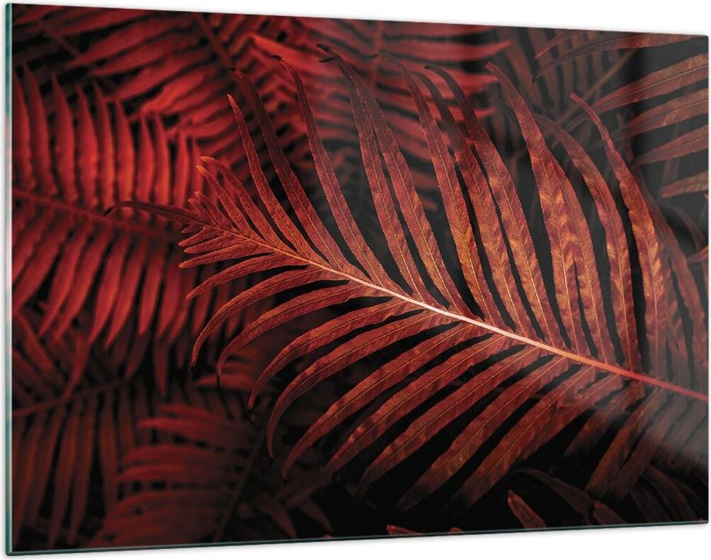 Bilder auf glas - Einteilig - Rot Blätter Palmen - 120x80cm - Glasbilder - Wandbilder - Bilder - zum Aufhängen bereit - Wanddekoration aus Glas -...
