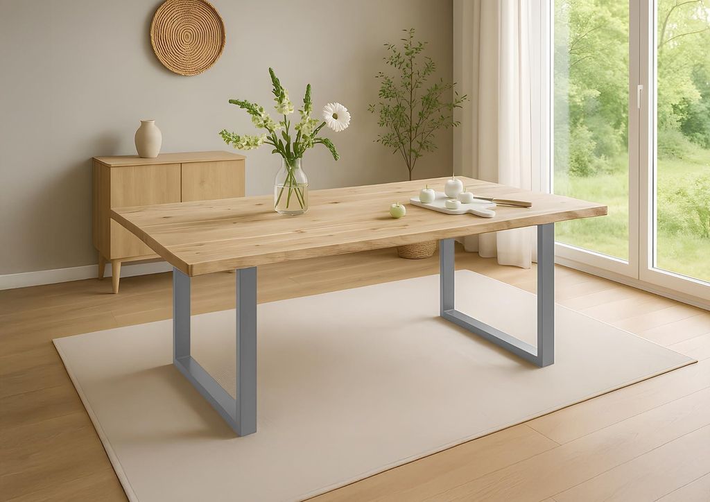 Esstisch Ikarus 140 x 80 cm, Akazienholz massiv, naturfarben lackiert, Baumkantentisch mit Metallgestell in Silber, Esszimmertisch mit Baumkantenpl...