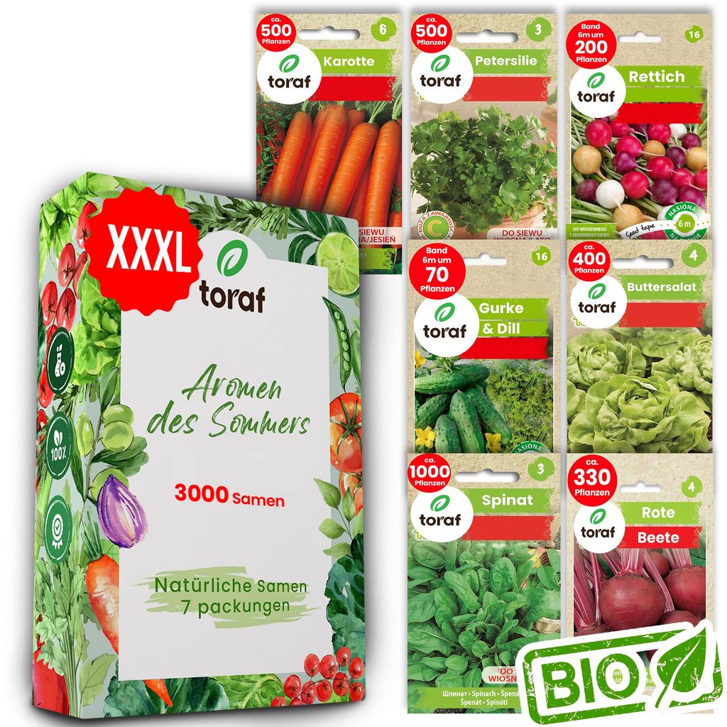 Toraf Gemüsesamen XXL Set 3000 Samen 7 Sorten Gemüse Saatgut für Garten und Balkon Gurke Karotte Spinat Rettich Rote Bete
