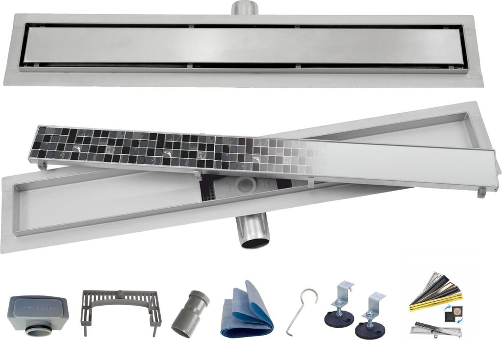 AQUA HEATING 2in1 linearer Edelstahl-Bodenablauf superflach Komplettset für Badezimmer mit bodengleicher Dusche, Duschrinne Set, Duschablauf mit S...