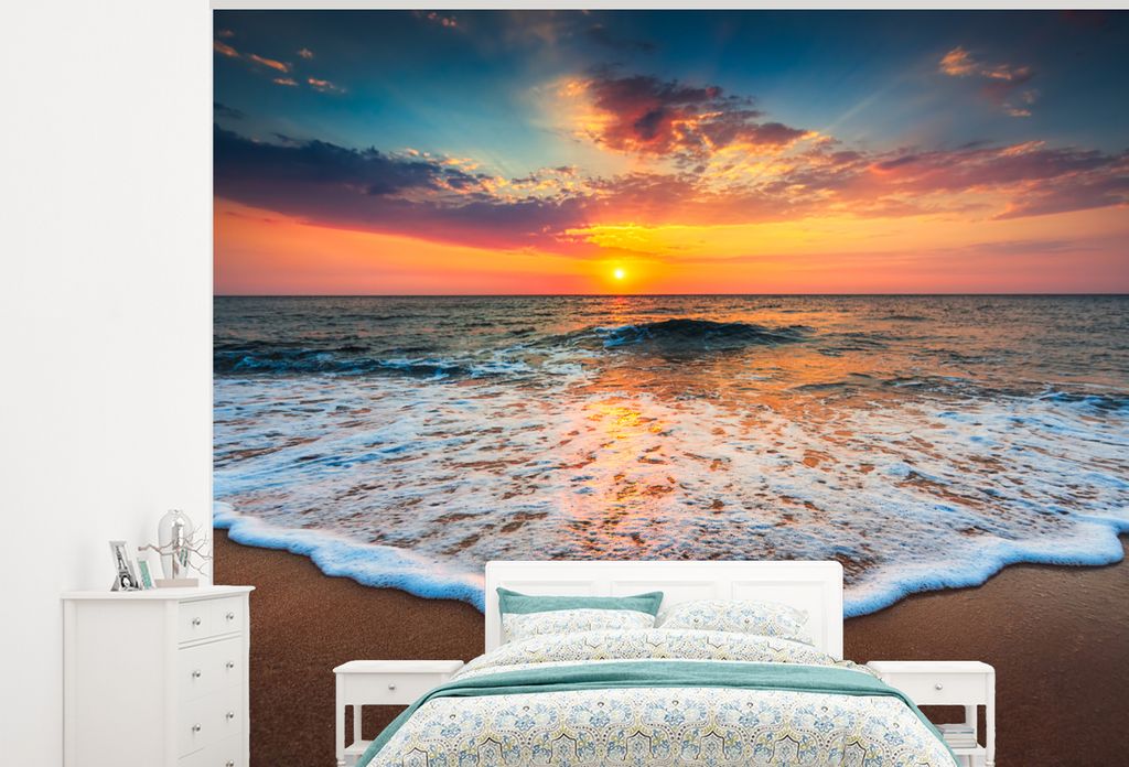 MuchoWow Fototapete für Wohnzimmer oder Schlafzimmer Wandtapete Vinyl Motivtapete Strand - Meer - Sonnenuntergang - 325x260 cm - Tapete