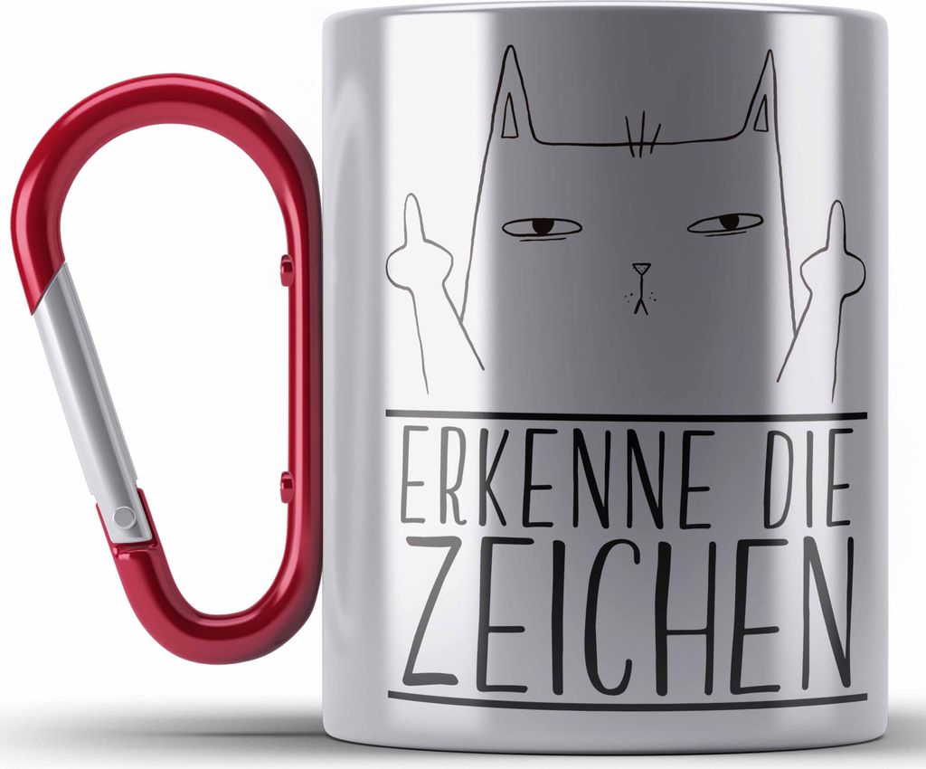 Trendation - Erkenne Die Zeichen Katze Mittlerer Finger Geschenk Katzenliebhaber Edelstahl Tasse Karabiner Geschenkidee (Rot)
