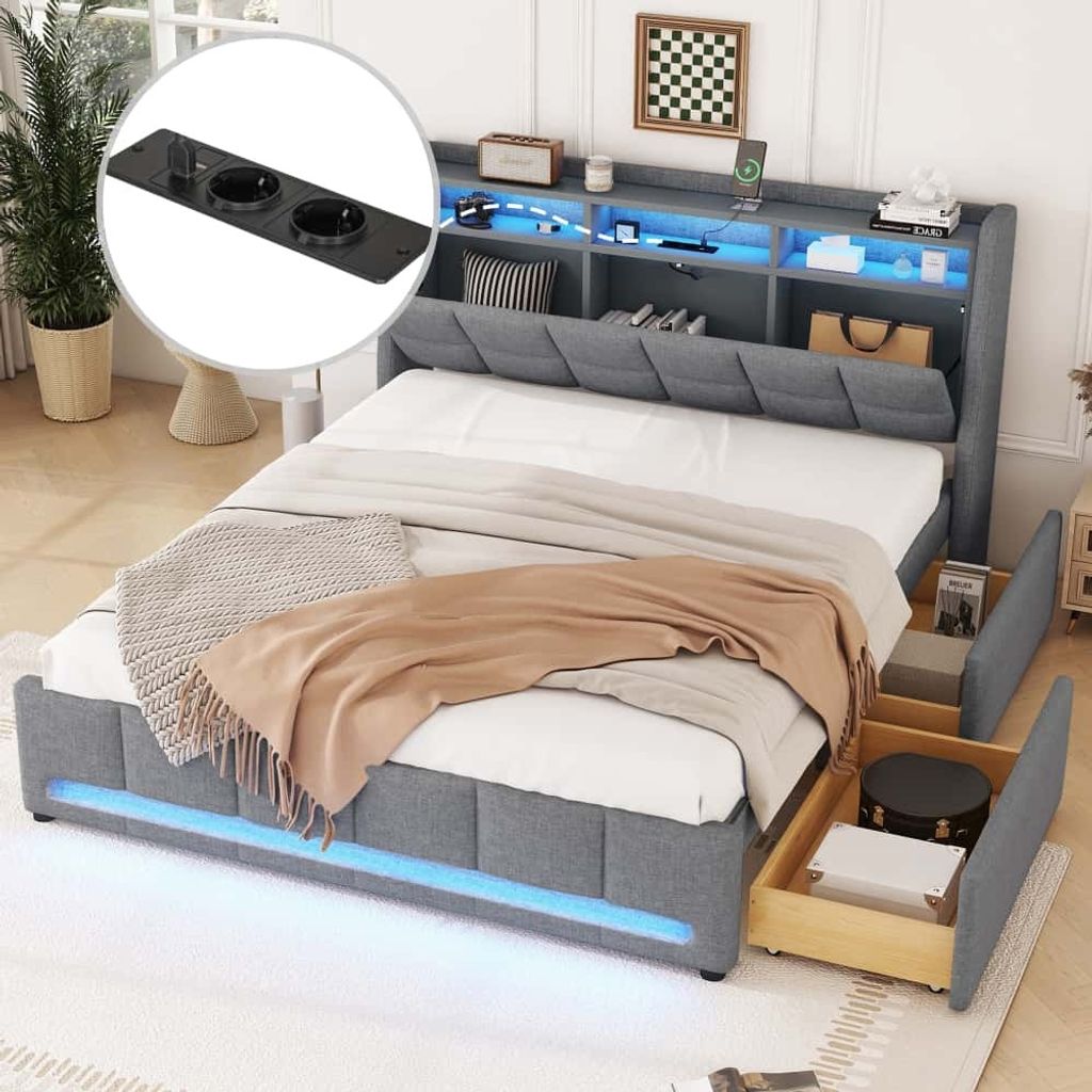 AIORBER Polsterbett, 160 x 200cm, mit LED-Beleuchtung und USB-Anschluss, Bettgestell mit Schubladen, integriertem Stauraum, stabiles Leinen & MDF,Grau