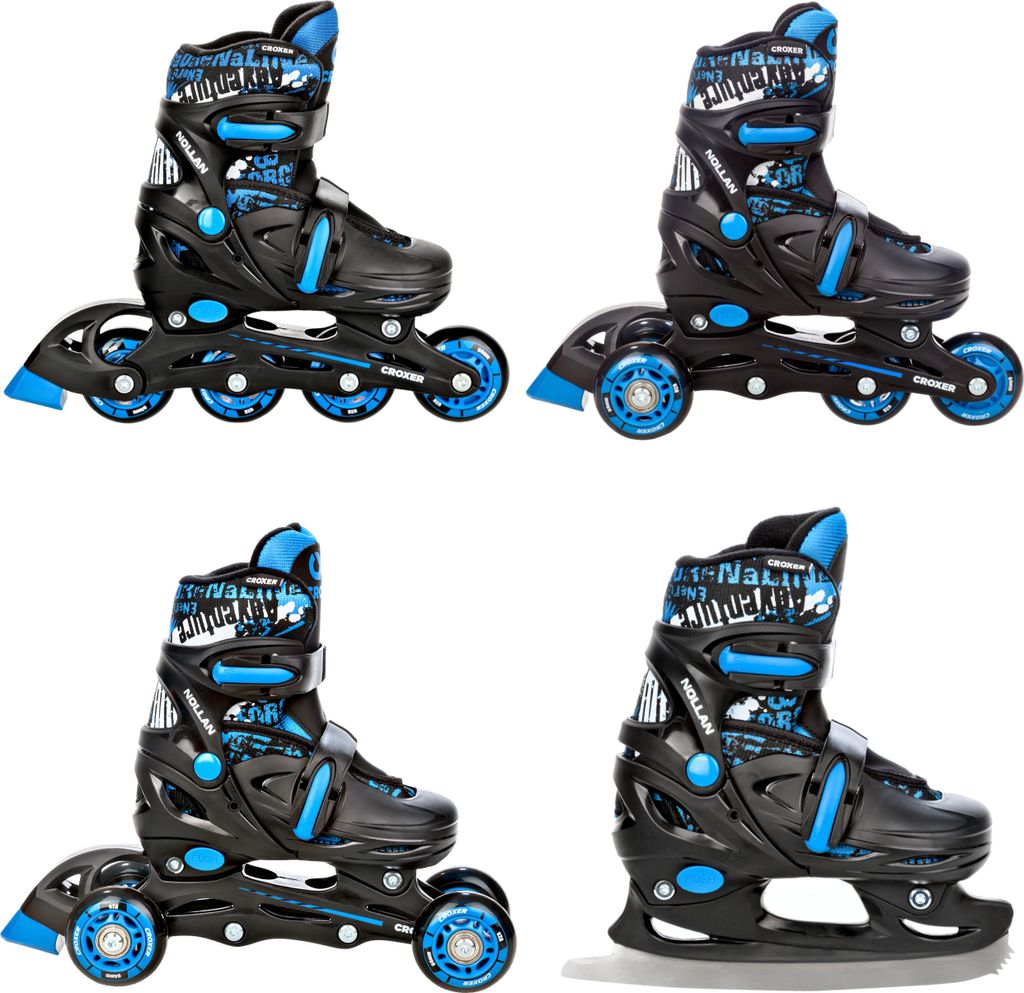 A collage of four images showing different configurations of roller skates/ice skates.