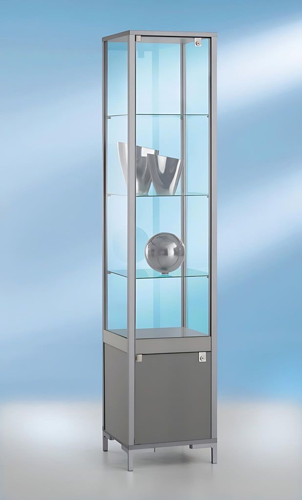 Staufachvitrine schmal Nachbildung Silber mit vollverglastem Vitrinenteil