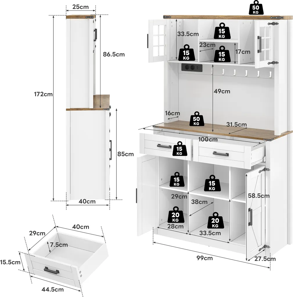 Armoire Bar Rustique Bicolore avec Prises Électriques Intégrées - 8