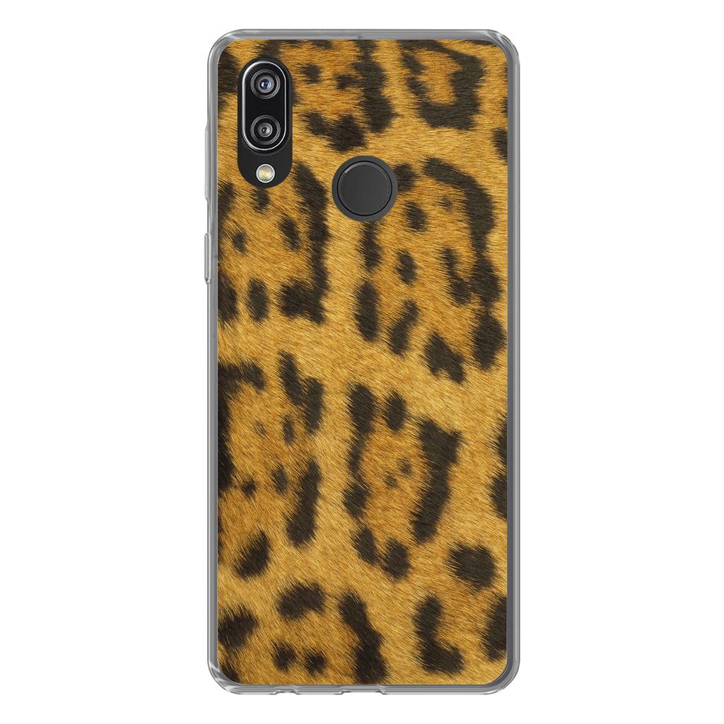 A phone case with a leopard print pattern is shown against a white background.