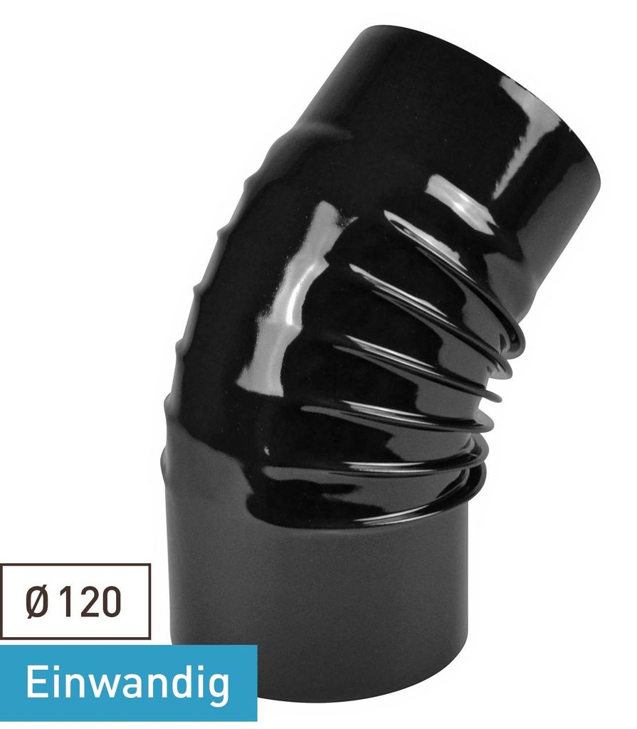 Raik Rauchrohrbogen / Ofenrohrbogen Emaille 120mm - 45° Bogen gerippt Schwarz