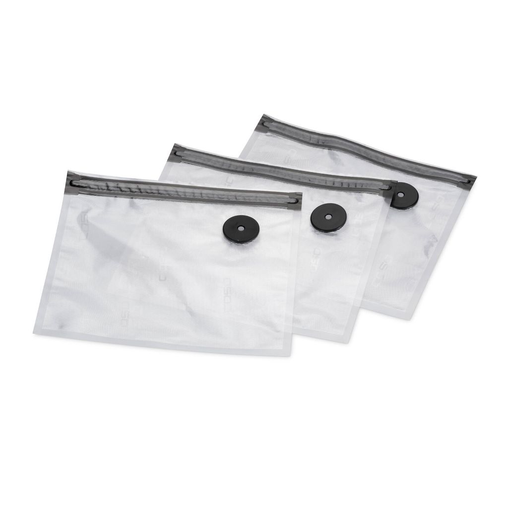 Three clear vacuum seal bags with black valves, arranged in a row.