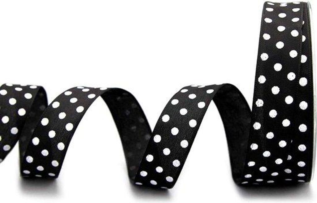 Gestippeltes Dekorationsband schwarz weiß 20 m x 25 mm - Rolle mit Faden - Geschenkband - Polka-Dot - für Kinder - Geburtstag - Ostern.