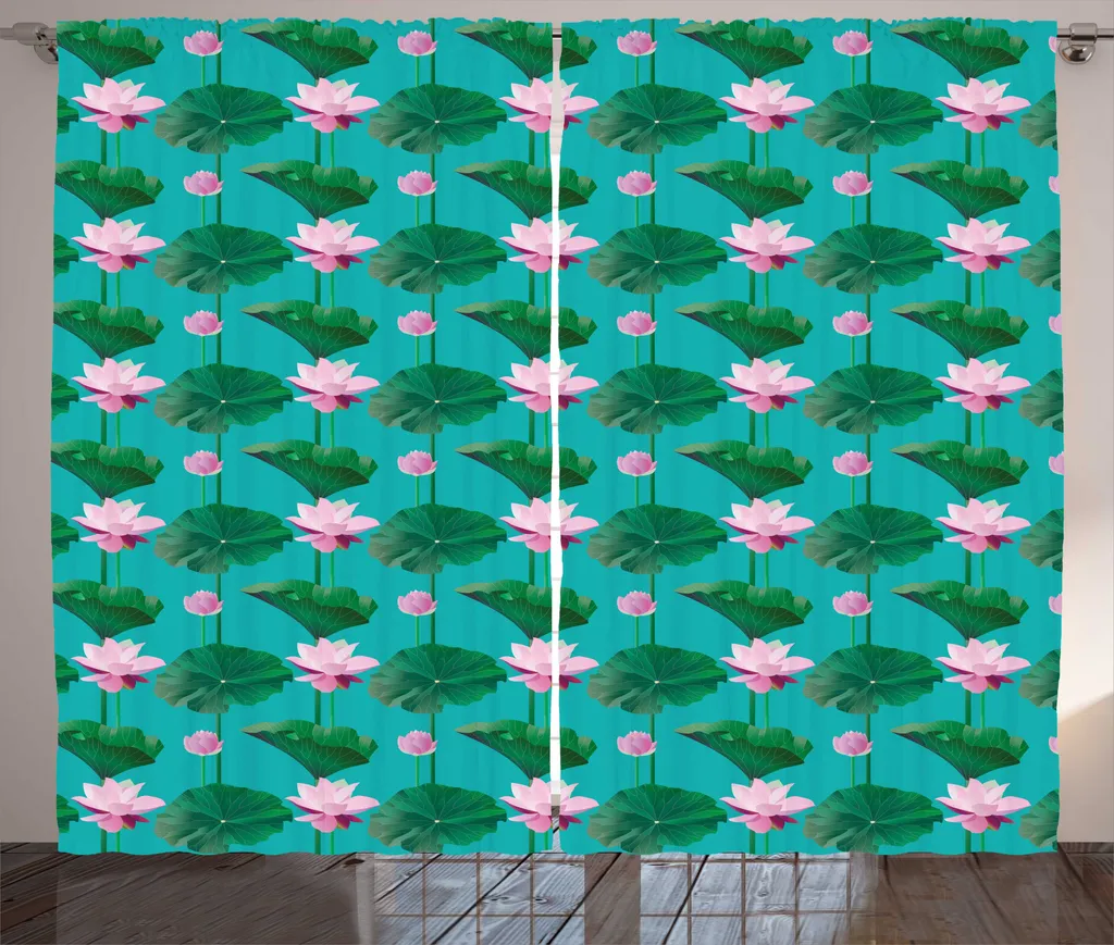 Rideaux salon universels 280x225 cm à motifs lotus bleu et rose