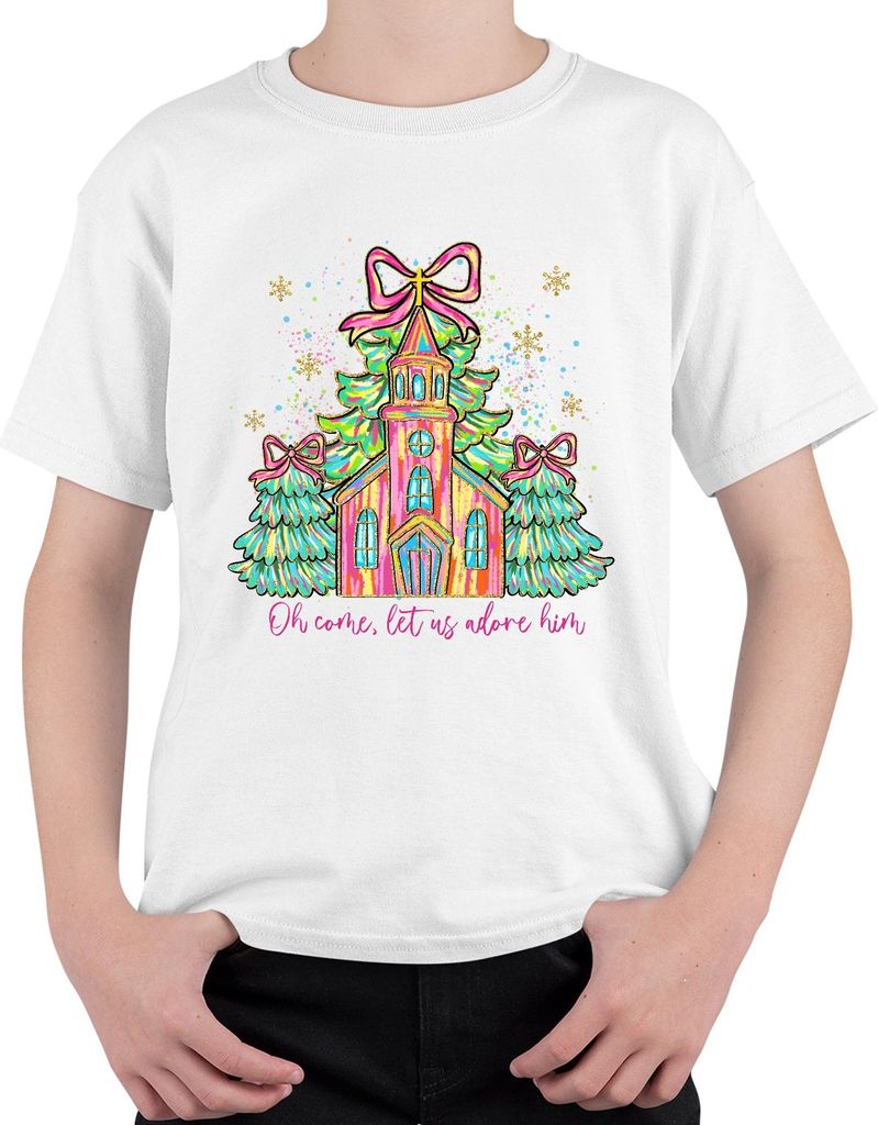 Oh Come Let Us Adore Him Kirche Tannenbaum Schleife Weihnachten Uni Kinder T-Shirt, Weiß, 152