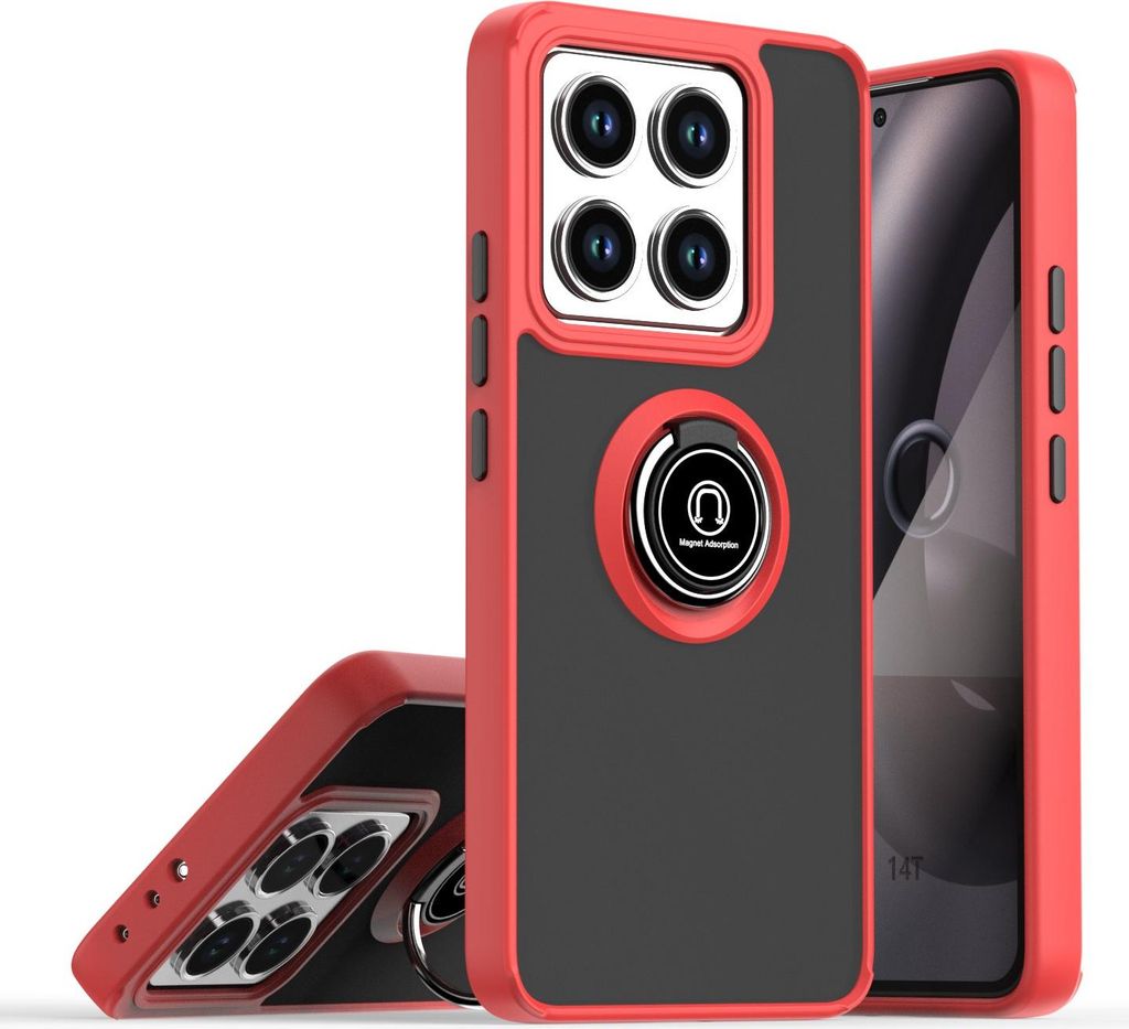 Hülle für Xiaomi 14T Pro Matte Transluzent TPU Stoßfest Schutzhülle mit Ring Halter Ständer Rot