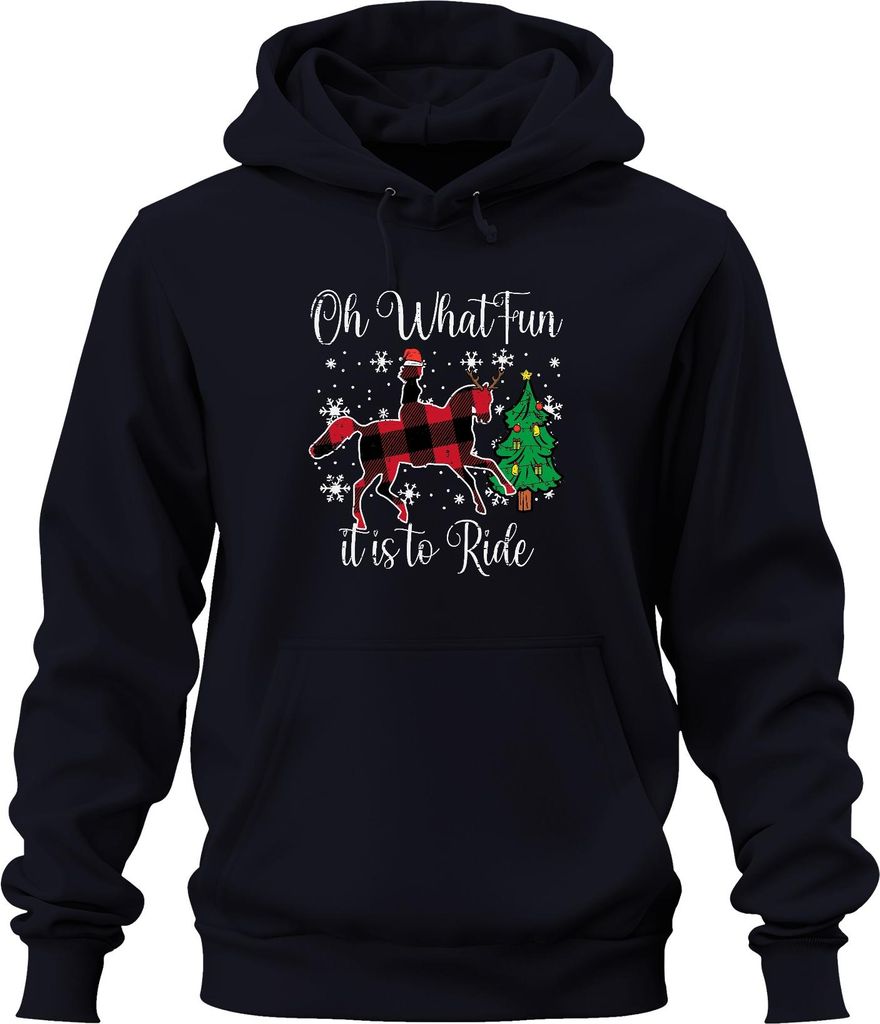 Oh What Fun Tis To Ride Weihnachten Pferd Rentier Buffalo Plaid Uni Hoodie Kapuzenpullover, Navy, M
