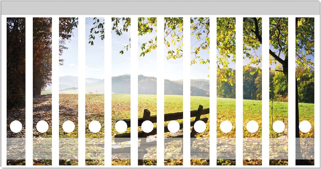 Wallario Ordnerrücken Sticker, selbstklebend für schmale Ordner, 12 Stück, Motiv Idyllische Holzbank in den Bergen