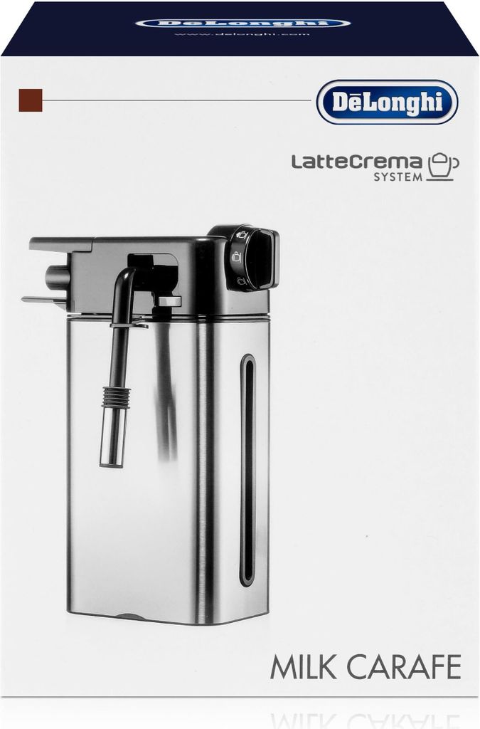 The image shows the packaging of a DeLonghi milk carafe.