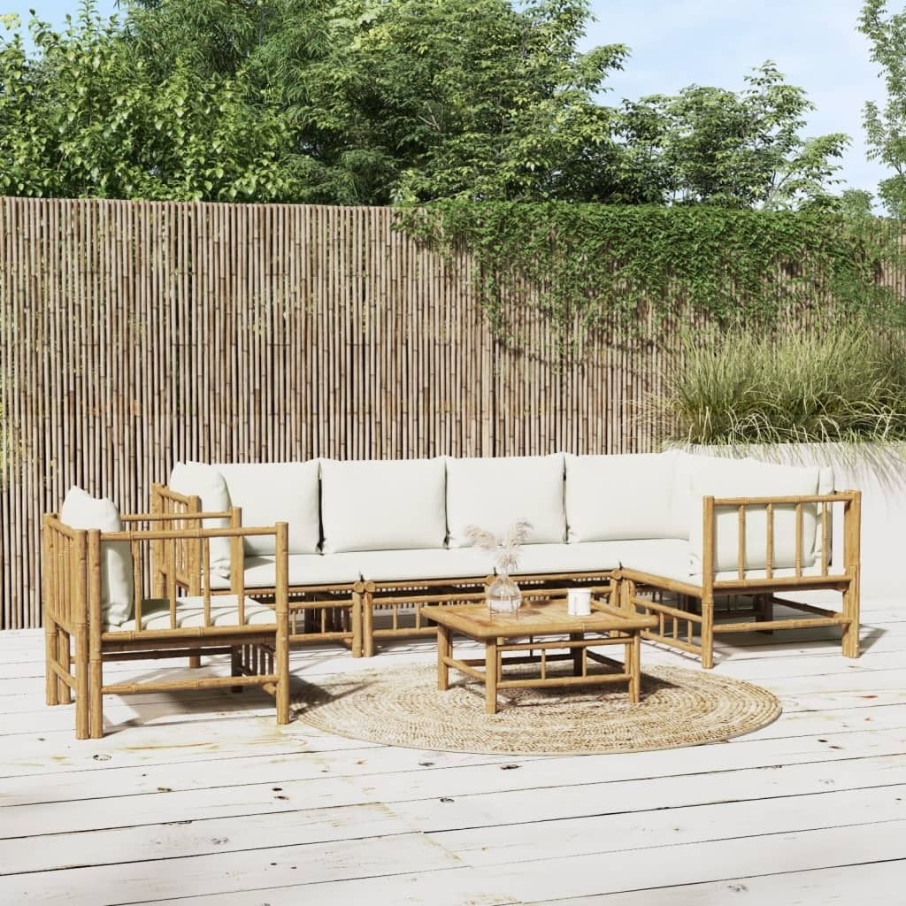 The Living Store 7-tlg. Garten-Lounge-Set mit Cremeweißen Kissen Bambus