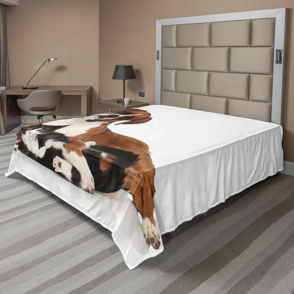 Drap plat pour lit double Design Animaux, Linge de lit Marron et Blanc XXL
