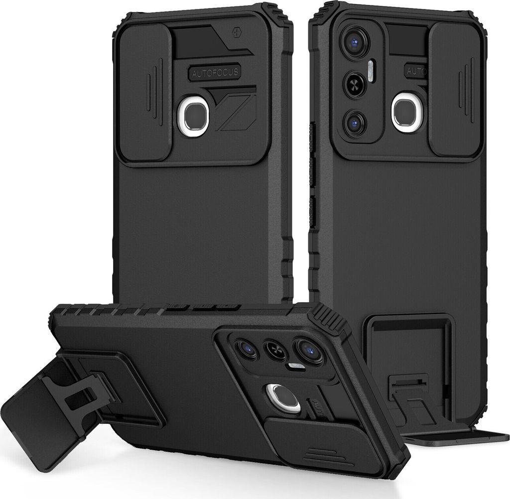 Infinix Hot 11 Hülle, Dual Layer Ständer Schutzhülle mit Schiebe Kamera Schutz für Infinix Hot 11 Schwarz
