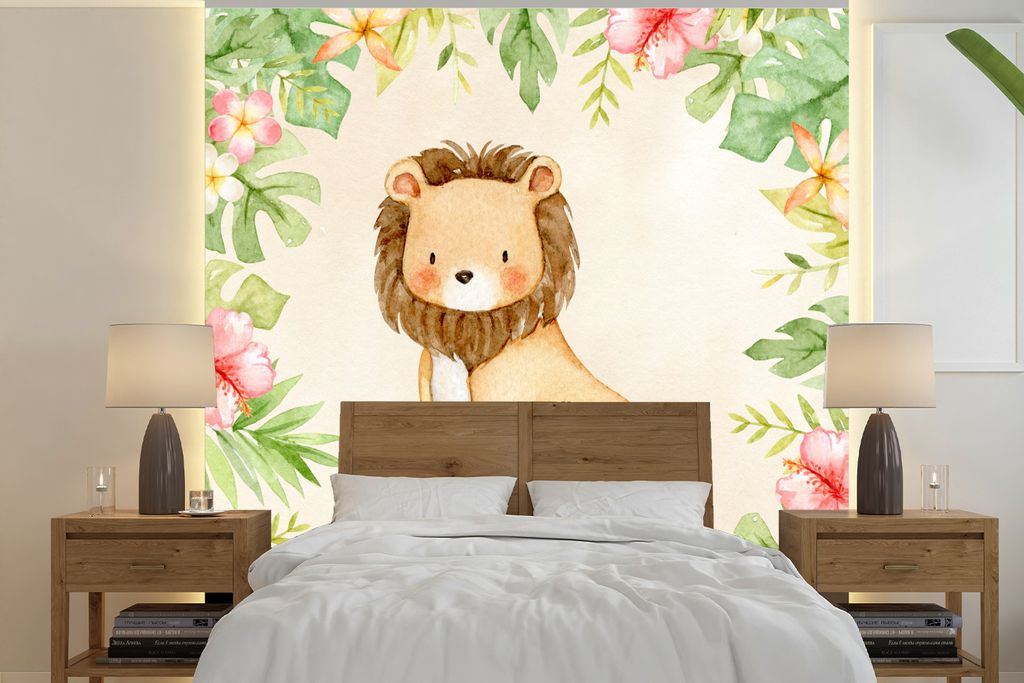 MuchoWow Fototapete für Wohnzimmer oder Schlafzimmer Wandtapete Vinyl Motivtapete Dschungel - Löwe - Aquarell - 300x300 cm - Wanddekoration