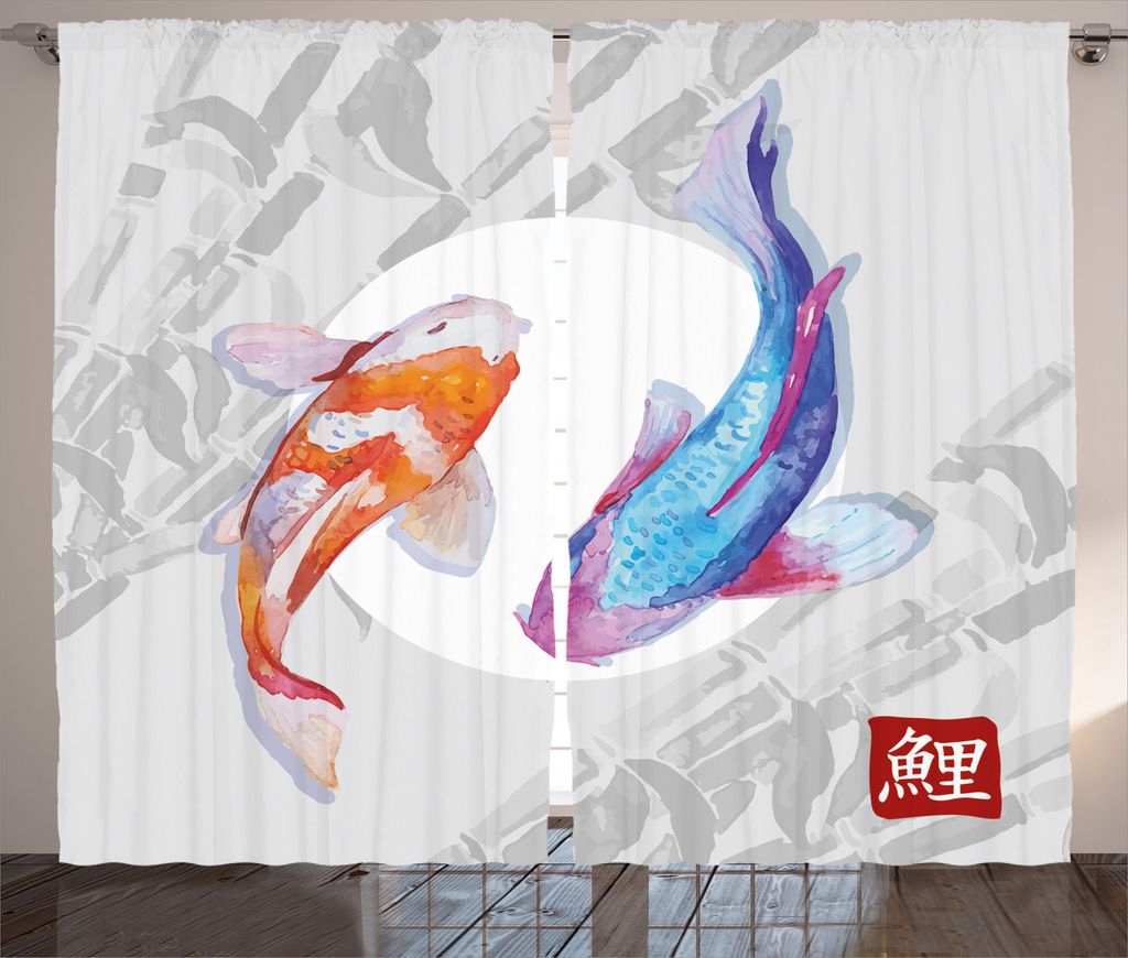 ABAKUHAUS Fisch Rustikaler Gardine, Aquarell japanische Karpfen, Schlafzimmer Kräuselband Vorhang mit Schlaufen und Haken, 280 x 245 cm, Orange Blau