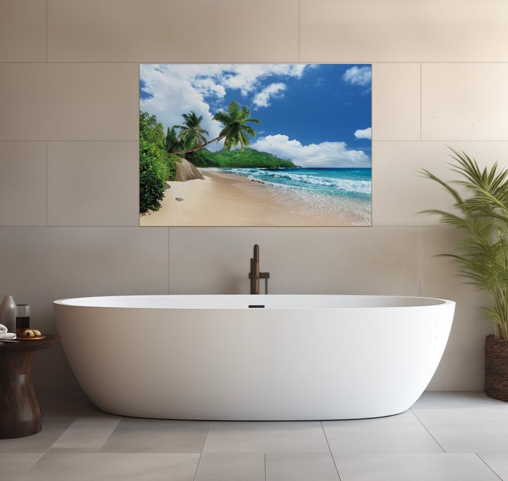 Wallario wasserfestes Poster selbstklebend 70 x 100 cm, Urlaub auf den Seychellen unter Palmen am Sandstrand, Badezimmerposter Spritzschutz mit Hoc...