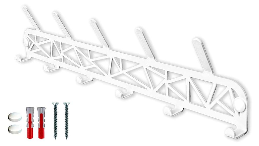 Wandgarderobe aus pulverbeschichtetem Stahl in Weiß, 8 Haken, 40 × 9 cm – stabile Garderobenleiste und Kleiderhaken für Flur, Küche, Bad