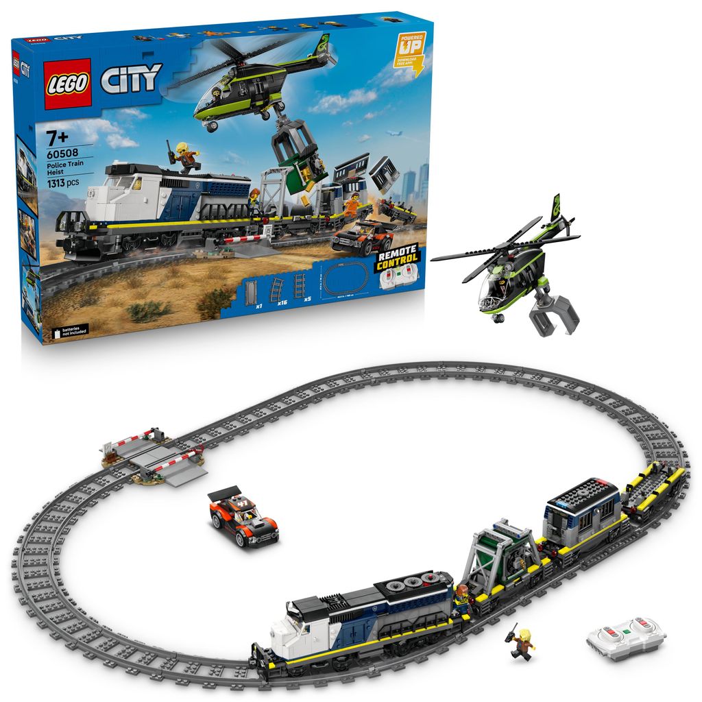 LEGO City Überfall auf den Polizeizug - Ferngesteuerter Spielzeug Zug - Modellbau mit kreisförmiger Strecke, Helikopter, Rallyeauto und 6 Minifig...