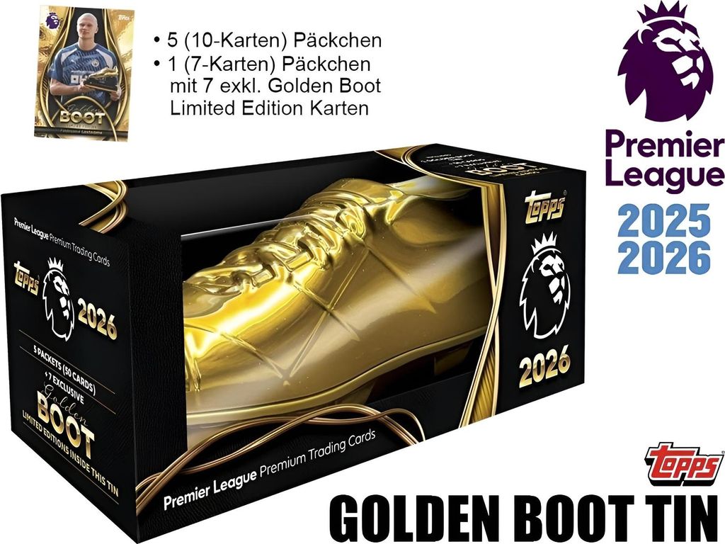 A product shot of a golden boot tin containing trading cards, with promotional text and logos.