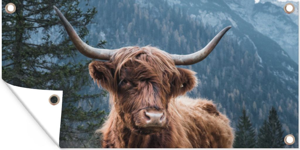 MuchoWow 80x40 cm Outdoor-Poster Gartendeko Sichtschutz Garten Poster für den Garten Schottische Highlander - Bäume - Berge