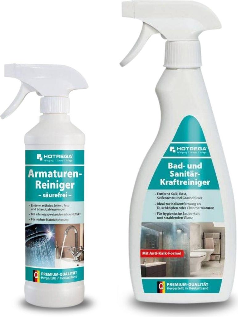 HOTREGA Armaturenreiniger säurefrei 500 ml & Badreiniger 500 ml | Entfernt Kalk, Seifenreste | Streifenfreien Glanz für Armaturen und Sanitärfl...