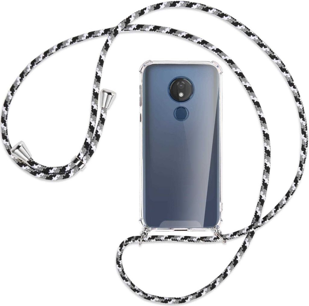 Handykette Backcover-Schutzhülle mit Band (Metall silberfarben) für Motorola Moto G7 Power - schwarz/grau/weiß