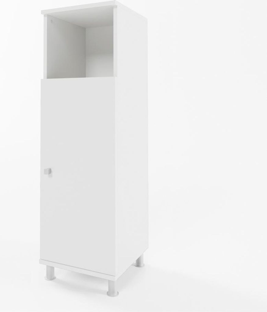 A tall, narrow white cabinet with a door and an open shelf at the top, standing on four short legs against a white background.