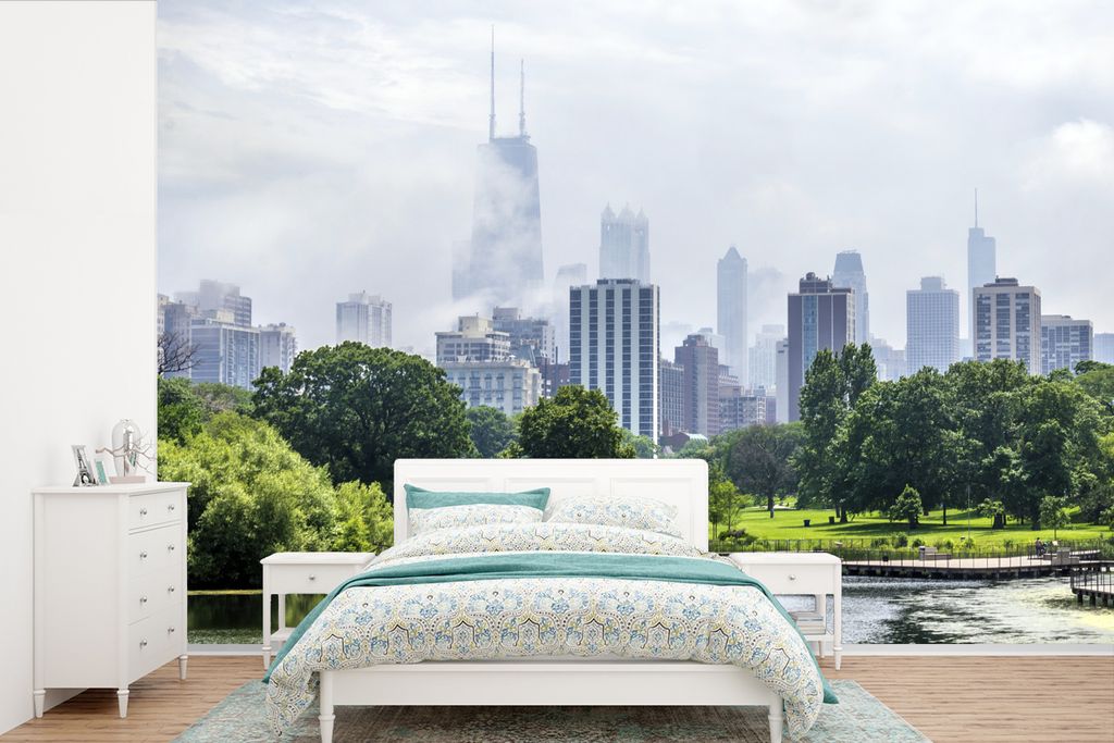 MuchoWow Fototapete für Wohnzimmer oder Schlafzimmer Wandtapete Vinyl Motivtapete Chicago - Park - Bäume - 390x260 cm - Papiertapete