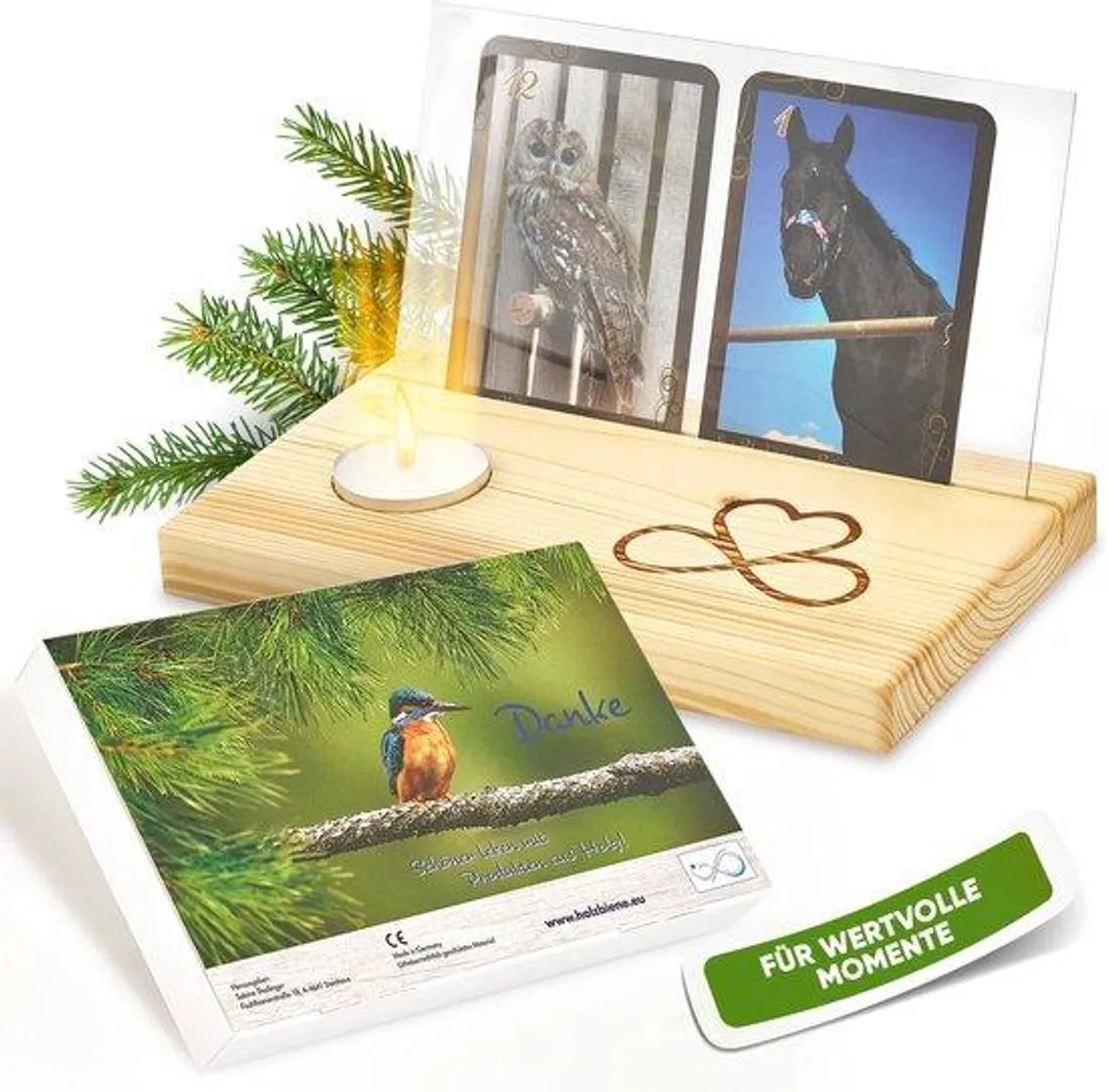 Porte-photo en bois artisanat français avec bougie et coffret