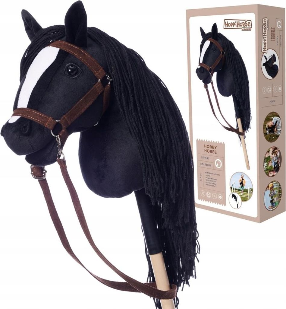 A black hobby horse with a brown bridle and reins, shown in front of a product box with images of children playing with similar toys.