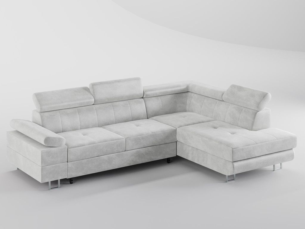 ECKSOFA CAROLINE Rechts Hellgrau Velours-Stoff mit Schlaffunktion und Bettkasten