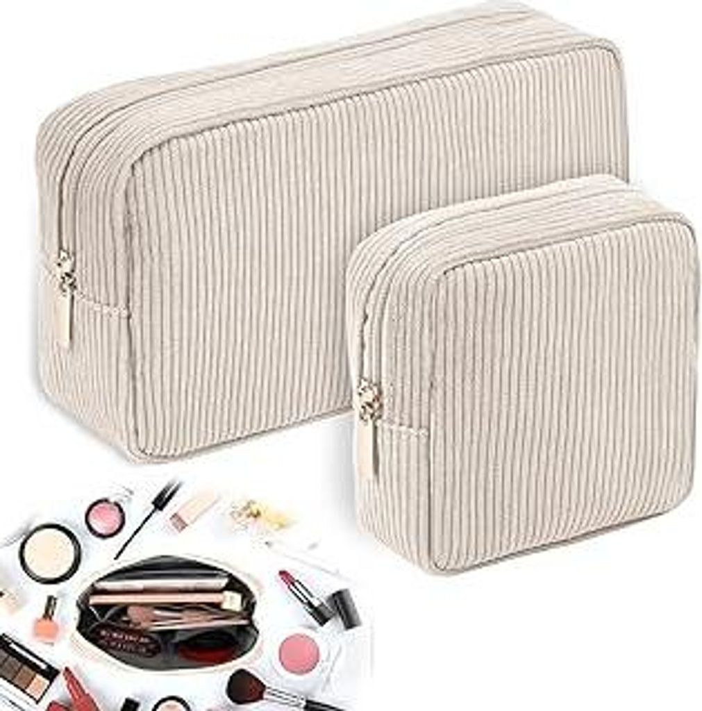 Sprifityy 2 Pcs Make Up Tasche, Kosmetiktasche Cord mit Fächern Reise, Kosmetiktasche Beige für Handtasche, Kosmetiktasche Klein für Mädchen Fr...