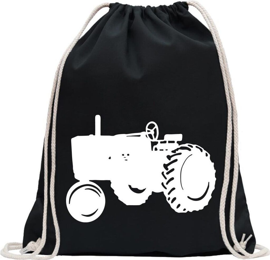 Kiwistar - Turnbeutel - schwarz - Traktor - Schlepper - Großtraktor - Fun Rucksack Sport Beutel Gymsack Baumwolle mit Ziehgurt