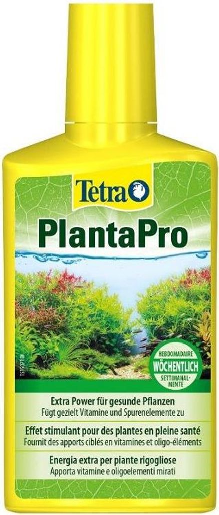 A bottle of Tetra PlantaPro plant fertilizer with an image of aquatic plants on the label.