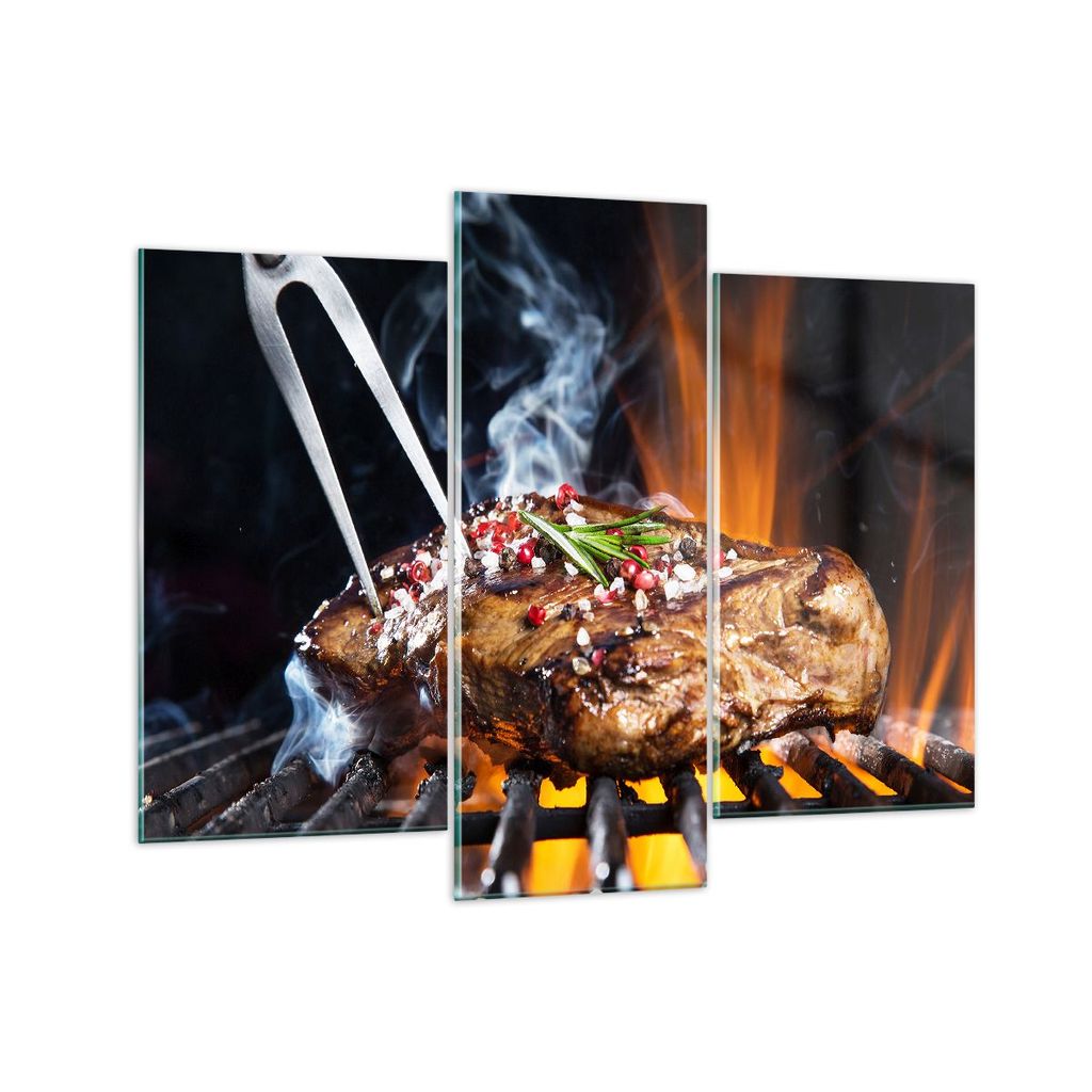 Bilder auf glas - Steak Grill Flammen Essen - 130x100cm - Glasbilder - Wandbilder - Kunstdruck - zum Aufhängen bereit - Wanddekoration aus Glas - ...
