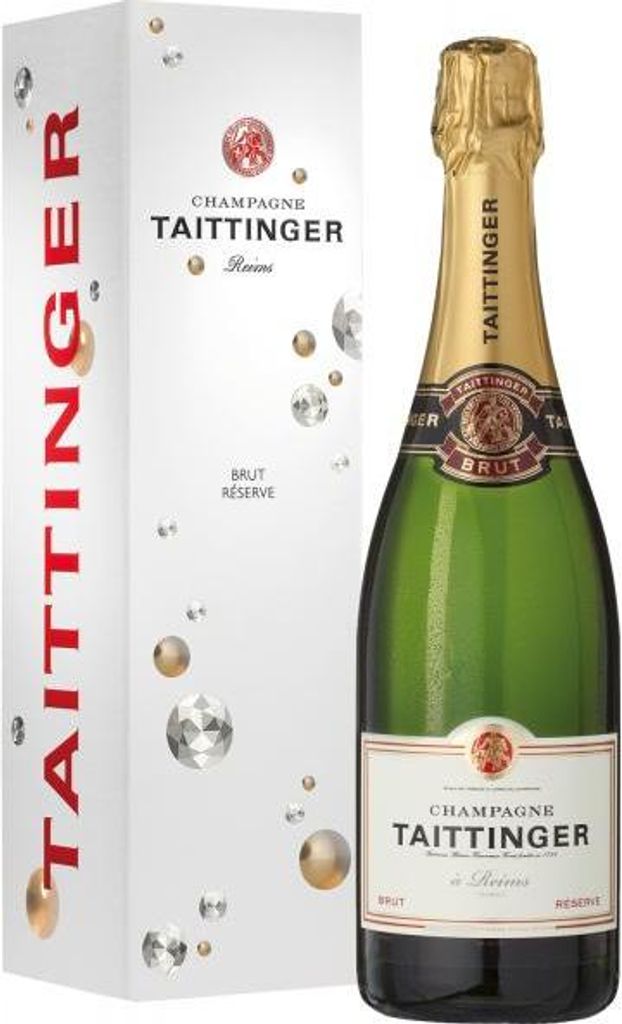 A bottle of Taittinger Brut Reserve champagne and its gift box are shown against a white background.