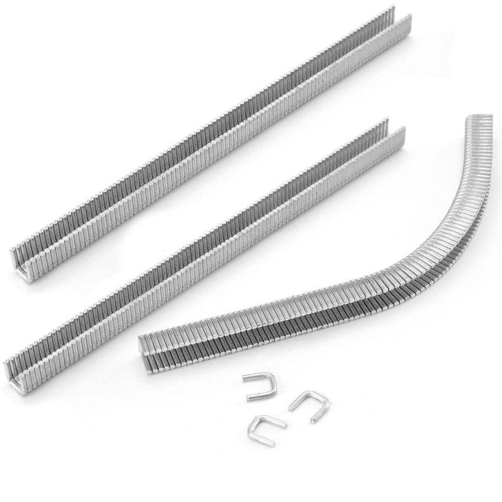 A set of metal clips for a sausage casing net clipper, with two straight clips and one curved clip, along with three loose clips.
