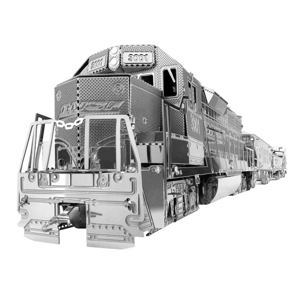 A 3D metal model of a freight train locomotive with four cars, presented against a white background.