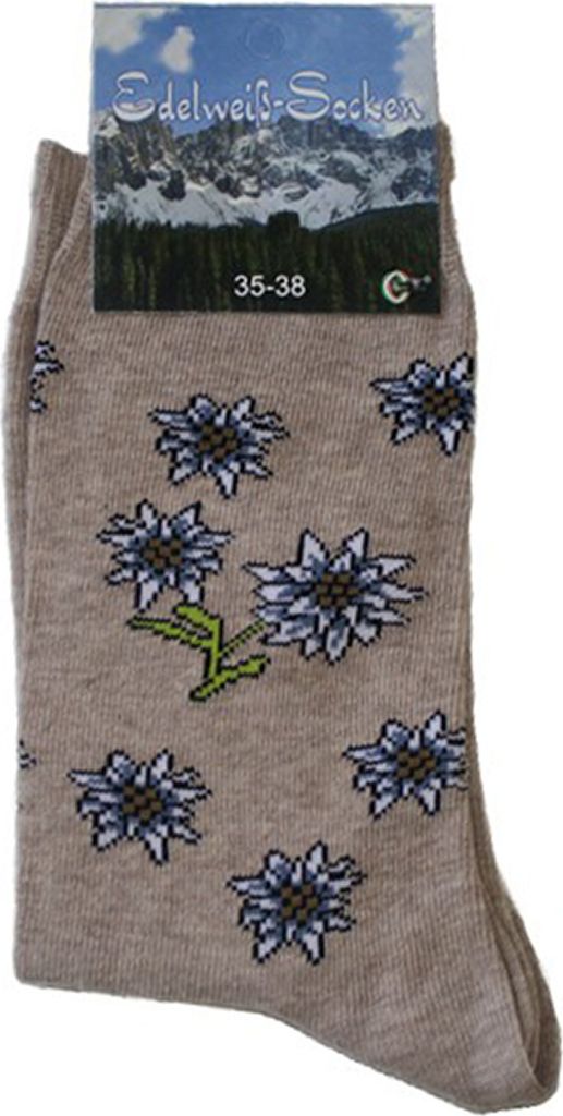Uni Trachtensocken Edelweiß-Socken Blütenmuster Kurze socken, Größe:35-38, Farbe:Braun Melange