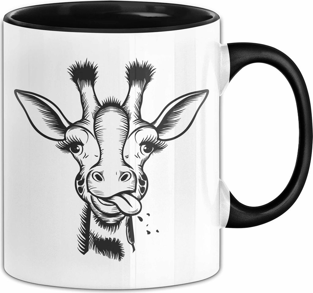 Giraffe Tasse Giraffenkopf Gesicht Tier Afrika Zoo Geschenk Zunge (Schwarz)