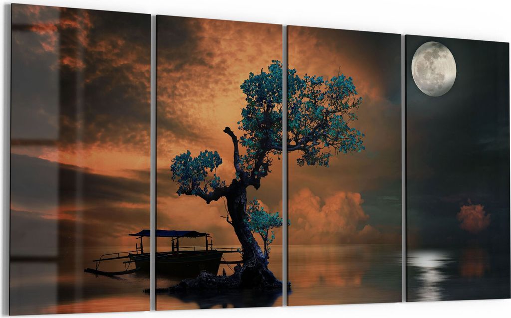 DEQORI Glasbild Echtglas 4x30x60 cm 'Einsamer Baum und Mond' Wandbilder XXL groß