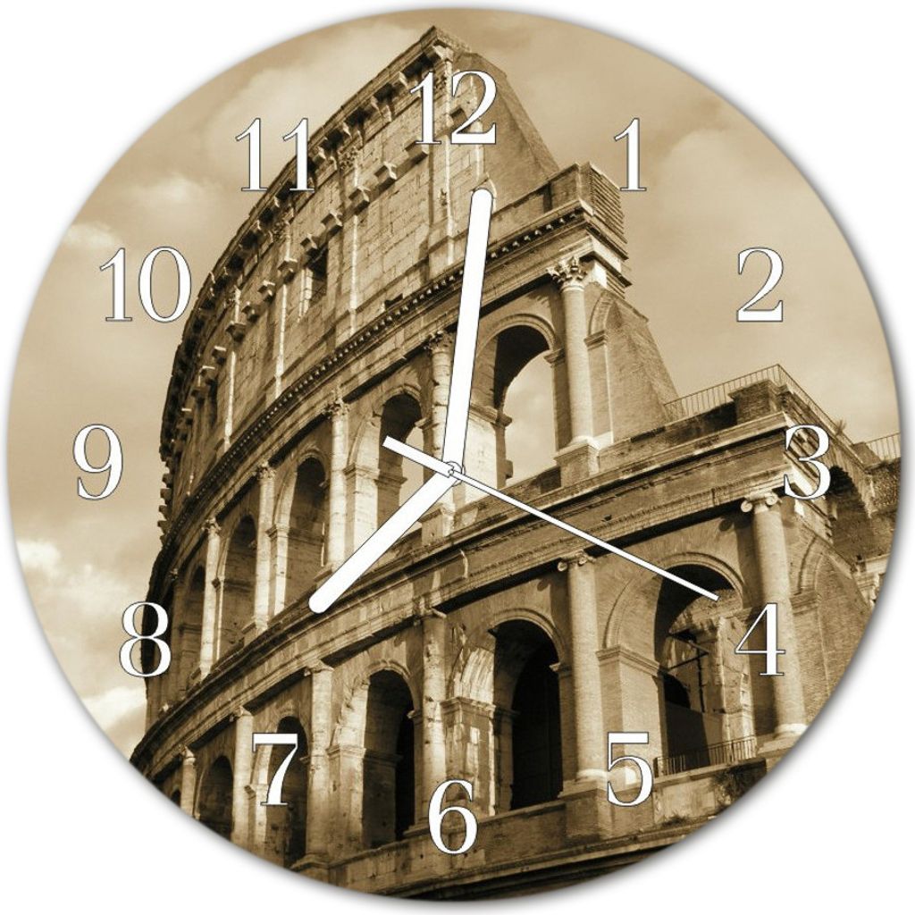 Glasuhr Wanduhr Küchenuhr Echt-Glas 30fi cm Kolosseum sepia