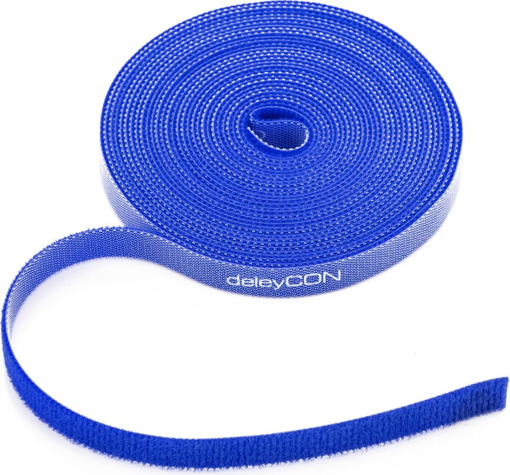 deleyCON 5m Klett Kabelbinder Klettband Klettbandrolle 10mm Breit Kabelmanagement Kabelorganizer Klettkabelbinder Klettverschluss zuschneidbar Blau