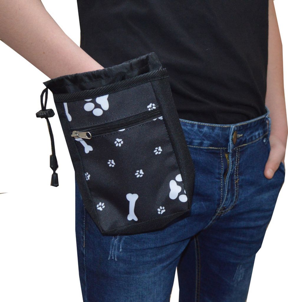 FUTTERTASCHE Leckerlitasche Leckerlibeute Futterbeutel 1.Zugband-Schwarz Knochen